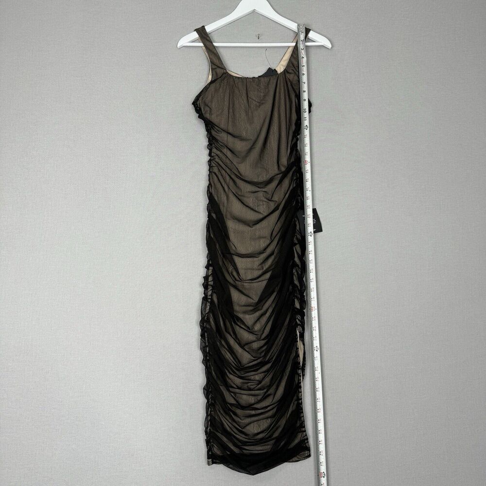 Lulus Womens Dress M Black V.I.P. Treatment Mesh Ruched Bodycon Midi Dark Y2K - Picture 5 of 13